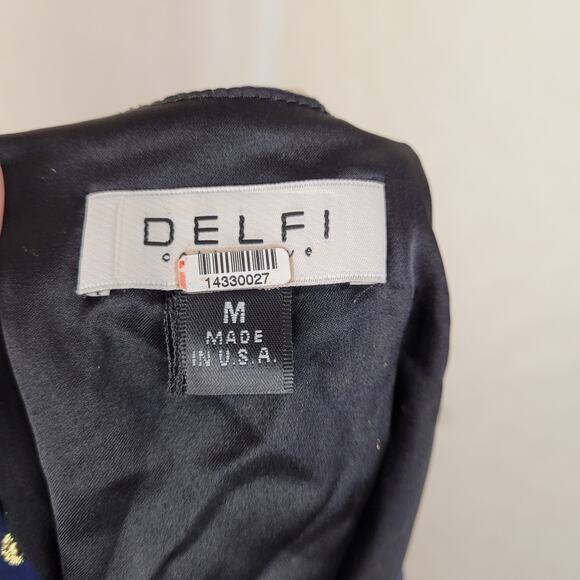 Delfi Collective Cerise navy blue metallic gold polka dot silk dress medium - Picture 6 of 15